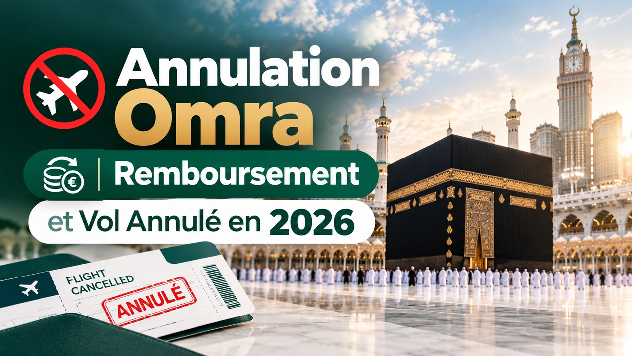 Illustration : la Kaaba à La Mecque et un billet d'avion annulé, titre Annulation Omra, remboursement et vol annulé en 2026