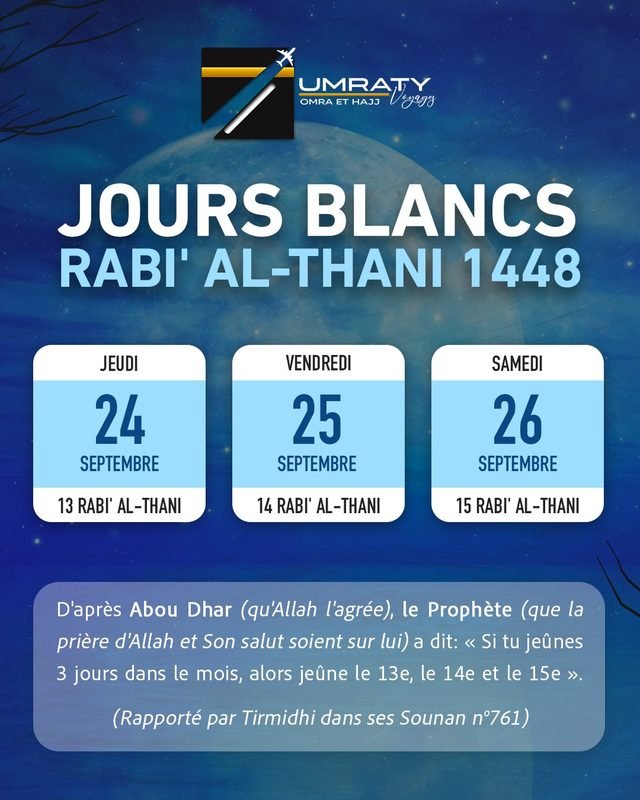 Visuel Umraty Voyages annonçant les jours blancs de Rabi' al-Thani : jeudi 24, vendredi 25 et samedi 26 septembre 2026