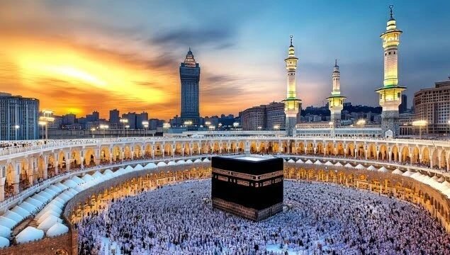 Vue du Masjid al-Haram et de la Kaaba à La Mecque au coucher du soleil