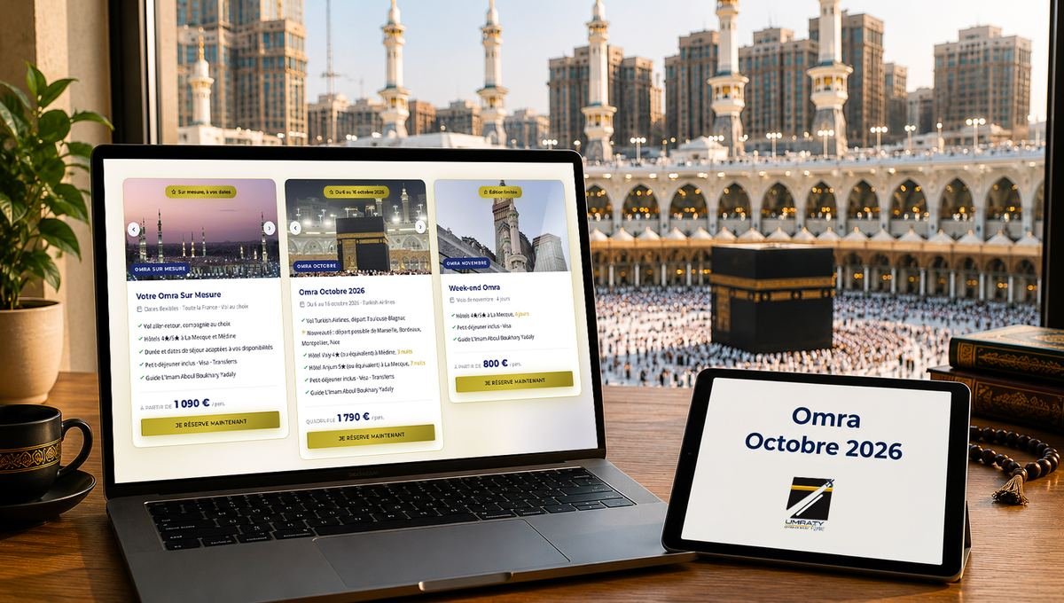 Écran affichant la formule Omra Octobre 2026 d'Umraty Voyages, avec vue sur la Grande Mosquée de La Mecque