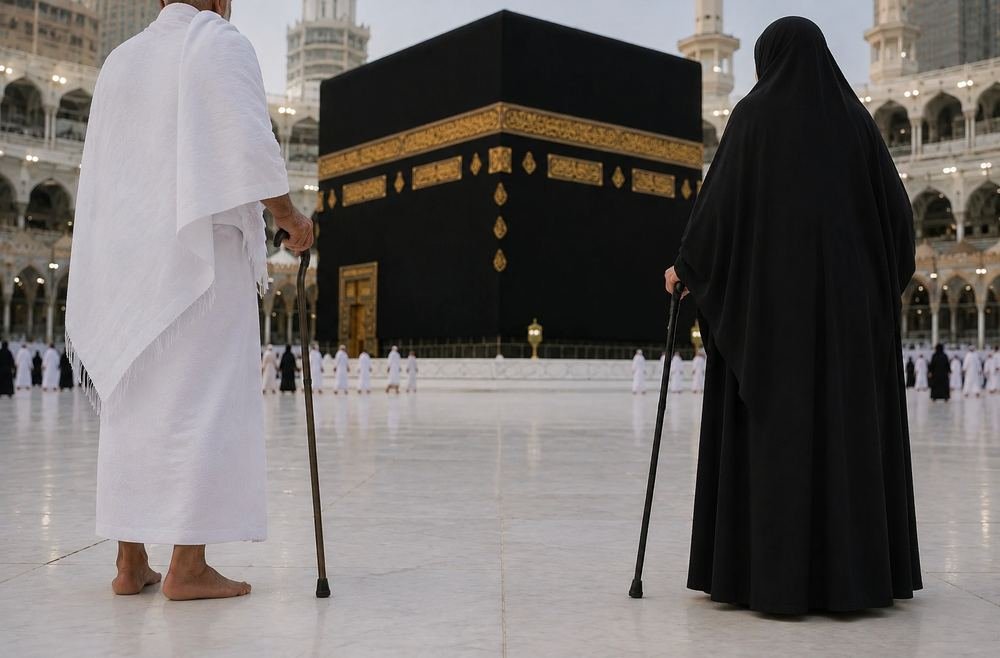 Deux pèlerins âgés appuyés sur des cannes face à la Kaaba à La Mecque