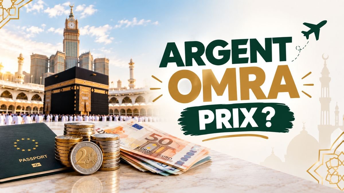 Passeport, billets en euros et vue de la Kaaba illustrant le budget d'une Omra