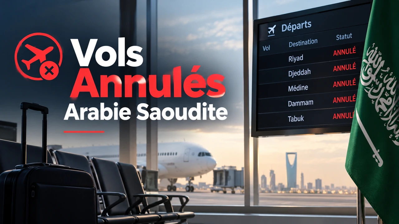 Illustration : panneau des départs d'un aéroport affichant des vols annulés, avion sur le tarmac et drapeau saoudien