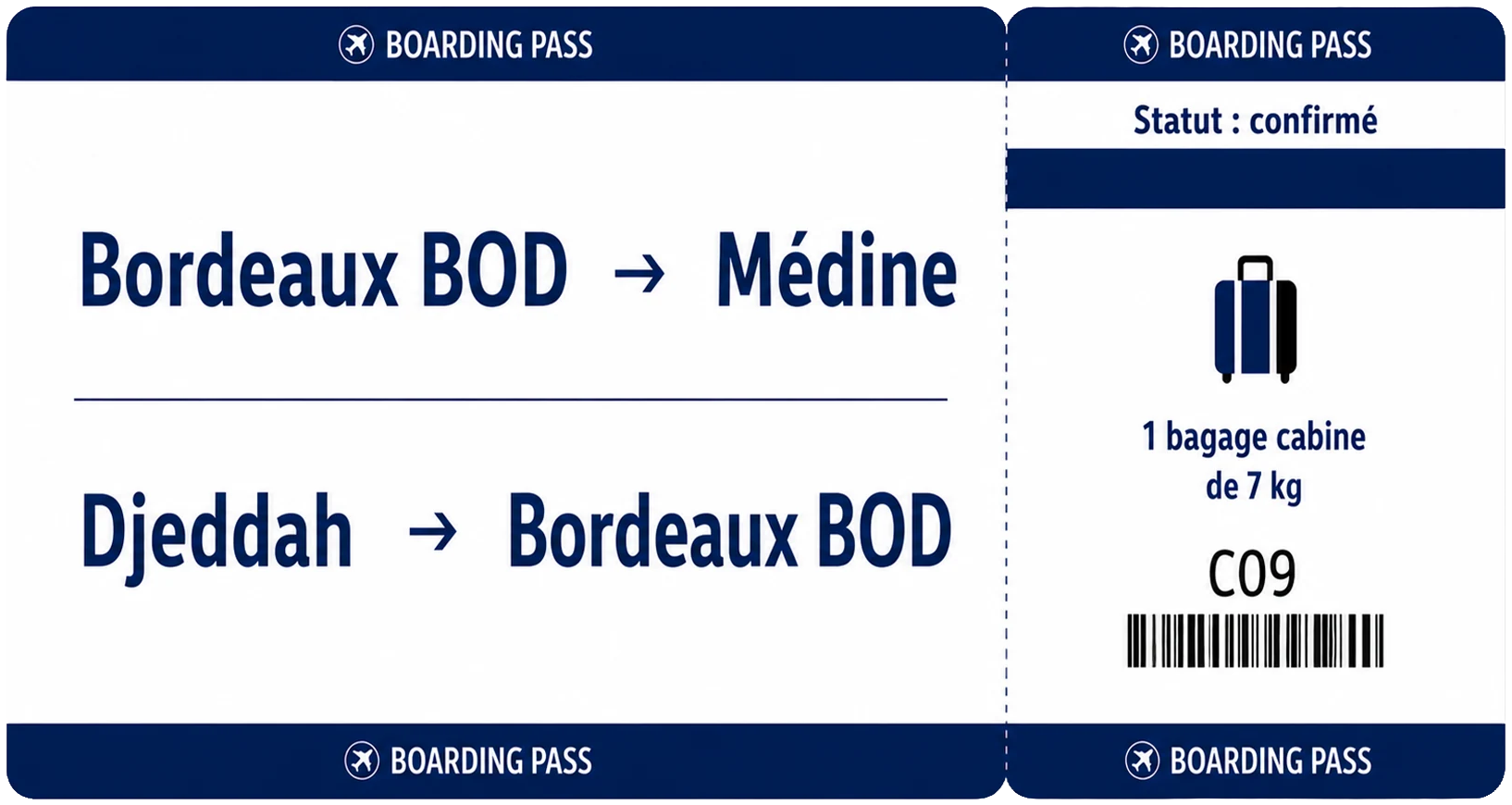 Carte d'embarquement Bordeaux BOD vers Médine, retour Djeddah vers Bordeaux BOD