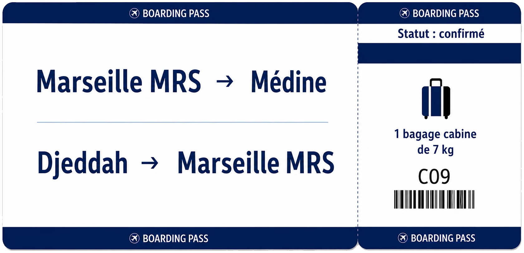 Carte d'embarquement Marseille MRS vers Médine, retour Djeddah vers Marseille MRS