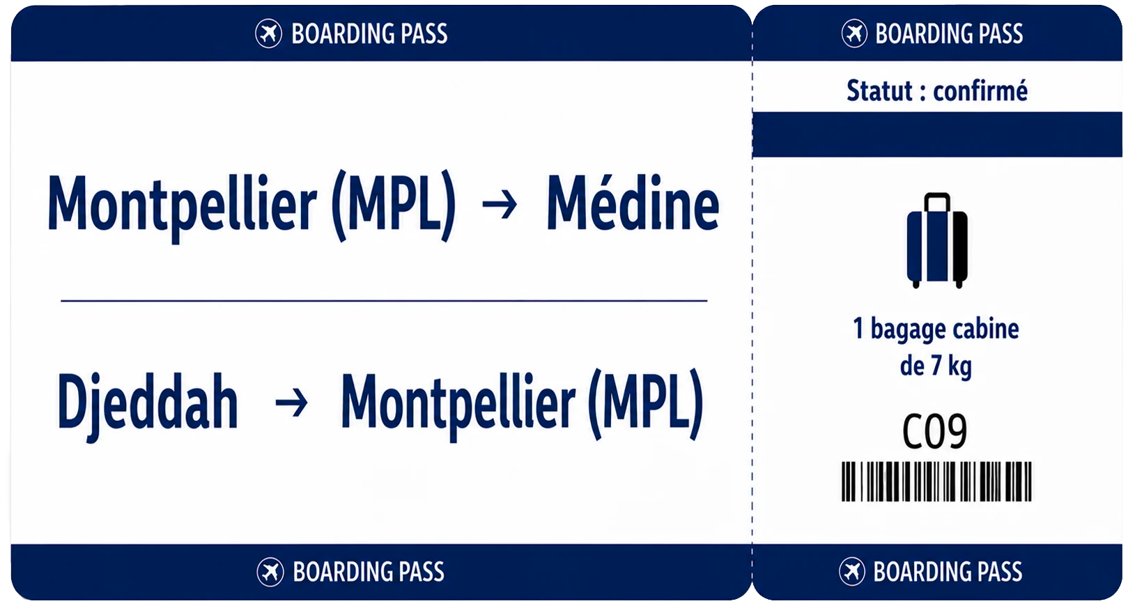 Carte d'embarquement Montpellier MPL vers Médine, retour Djeddah vers Montpellier MPL