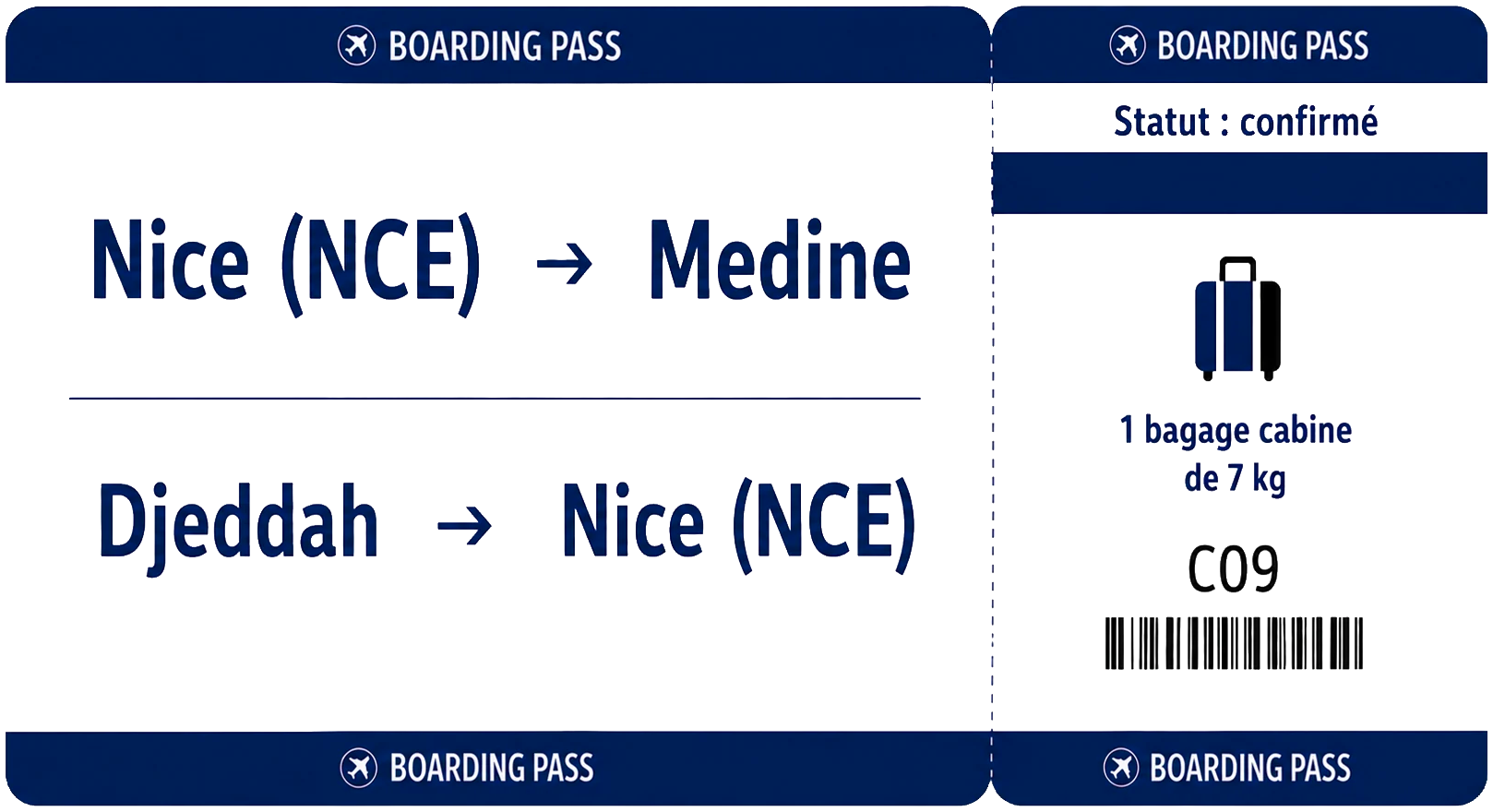 Carte d'embarquement Nice NCE vers Médine, retour Djeddah vers Nice NCE