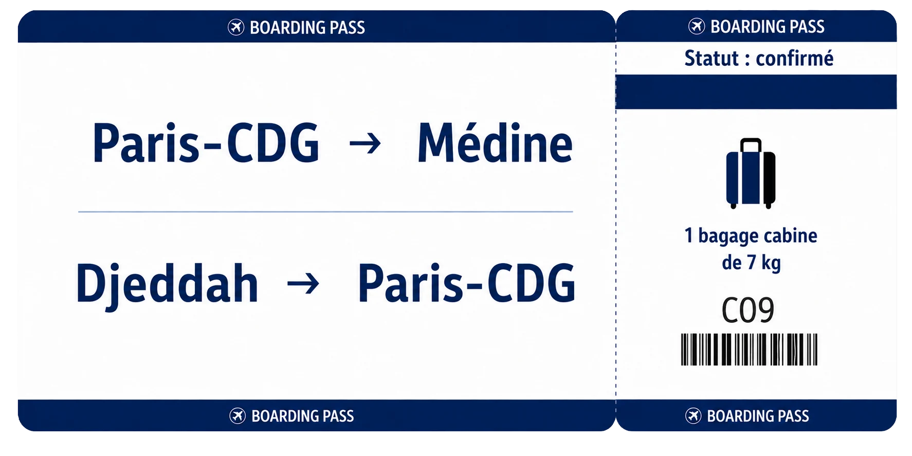 Carte d'embarquement Paris-CDG vers Médine, retour Djeddah vers Paris-CDG
