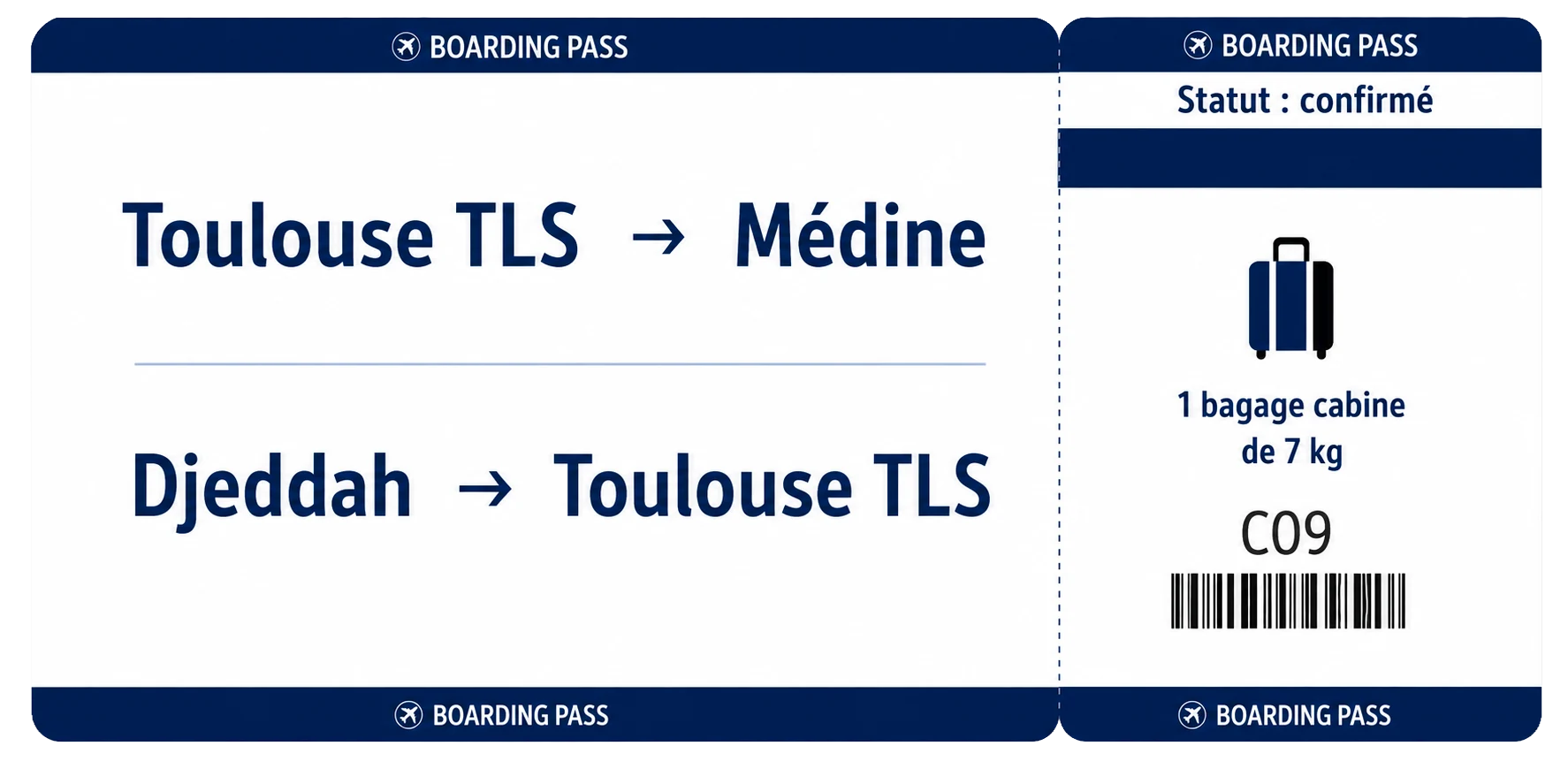 Carte d'embarquement Toulouse TLS vers Médine, retour Djeddah vers Toulouse TLS